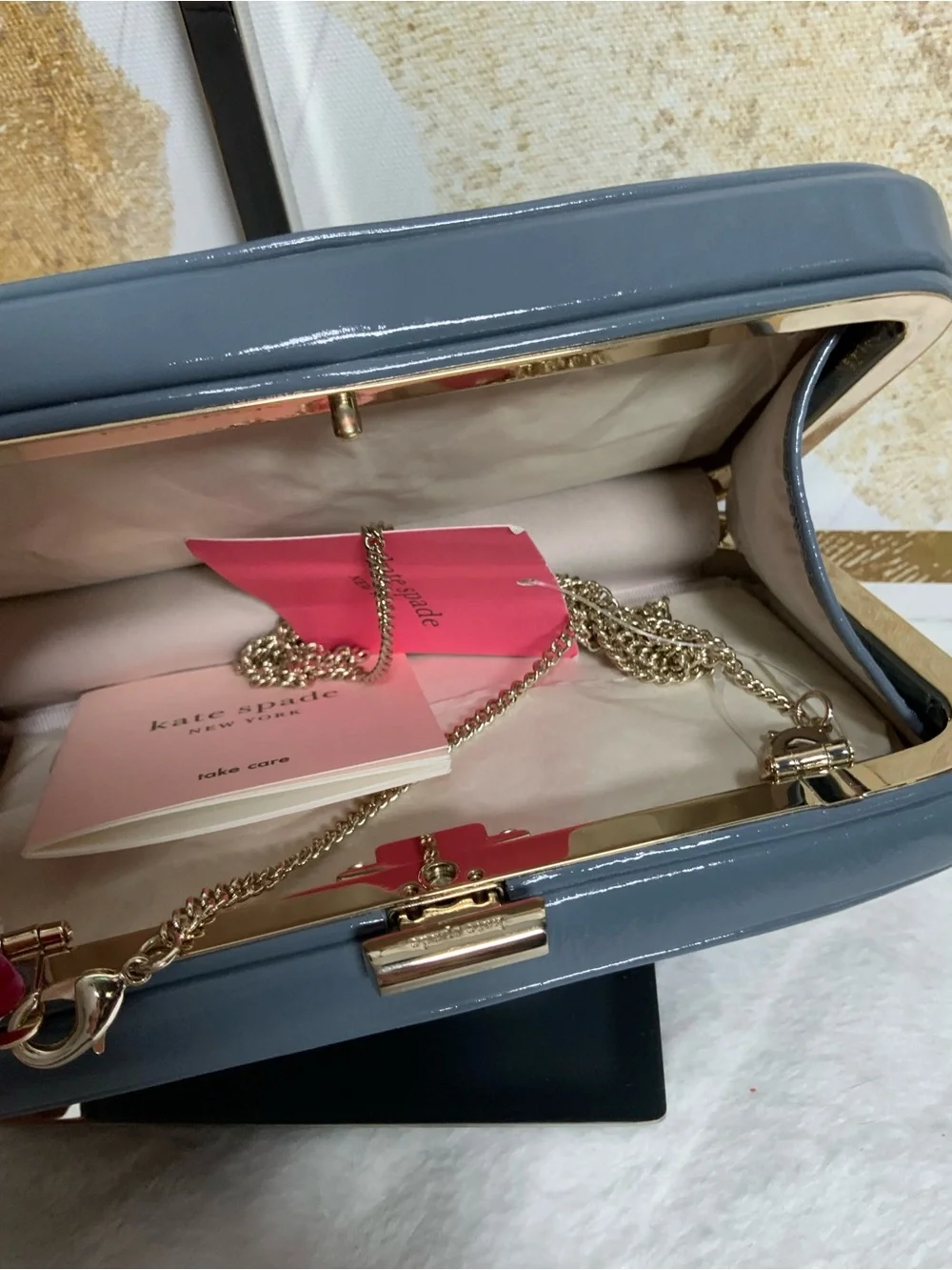 kate spade blue patent leather clutch with gold chain